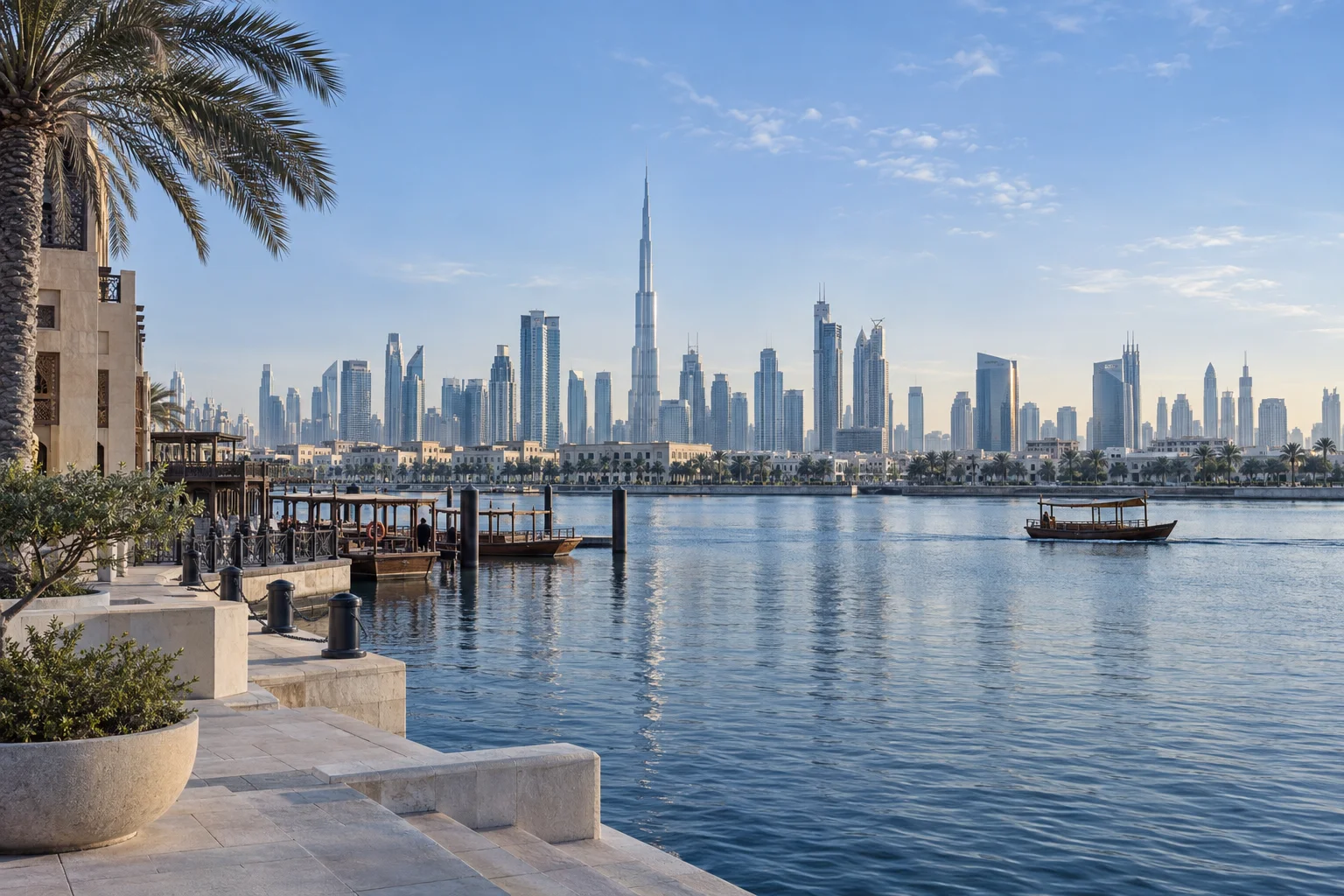 Illustrated view of the Dubai waterfront and skyline